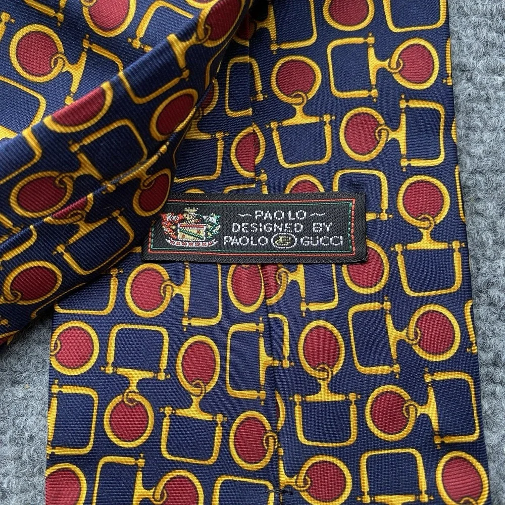 Paolo Gucci Silk Necktie Navy Red Gold Equestrian Horse Bit Geometric Classic